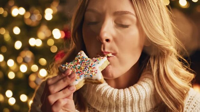 Festive Delight - Woman Enjoys Christmas Cookie by Twinkling Tree.