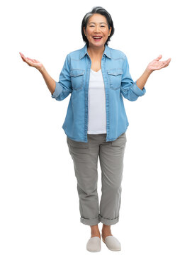 Full body view of smiling and happy older Asian woman with hands extended, isolated on white or transparent background