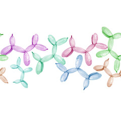 Balloon dogs seamless watercolor border, frame, pattern, background, pastel colors, baby shower,  kids birthday, party, celebration,  isolated, transparent background, png,  graphic resource 