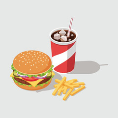Delicious fast food combo featuring a burger fries and soda.