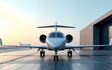 Business private jet airplane parked at terminal. Luxury tourism and business travel transportation concept. Closeup. 3d rendering. High quality