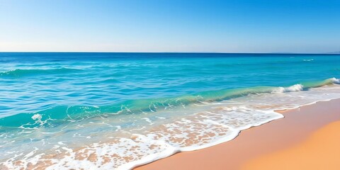 Vibrant blue ocean waves gently lapping golden sandy beach under a clear sunny sky, perfect for summer vacation and relaxation,  coastline,  sunny