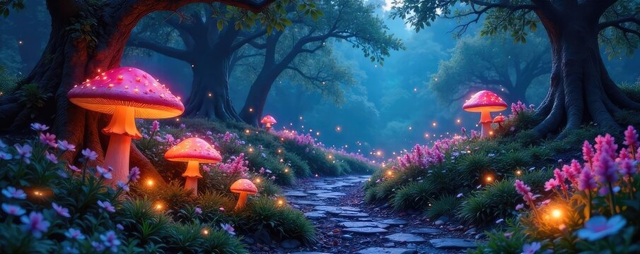 A mystical garden at twilight, glowing flora, sparkling pathways, whimsical mushrooms, and fireflies dancing amongst the flowers Perfect for fantasy, fairytale, and magical themes , fauna, elf
