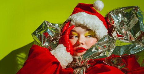Bold festive portrait of a glamorous woman in a Santa outfit with reflective metallic textures. Perfect for holiday campaigns, gift promotions, seasonal ads, and modern Christmas branding.