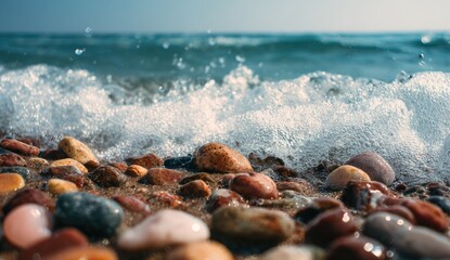 Close-up of colorful stones on a beach, waves lapping over the shore