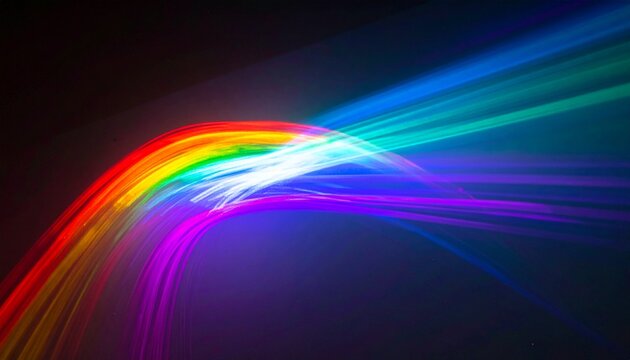 Abstract rainbow light trails on dark background, vibrant colorful streaks of light, dynamic motion blur effect, futuristic energy concept