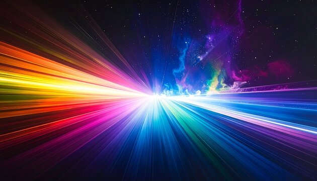 Abstract colorful light trails in space, speed motion background with vibrant rainbow colors and starfield, futuristic data stream concept