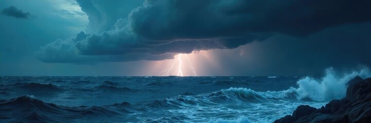 A powerful storm brewing over a vast, dark ocean, dramatic lighting illuminating the turbulent waves , weather, breathtaking