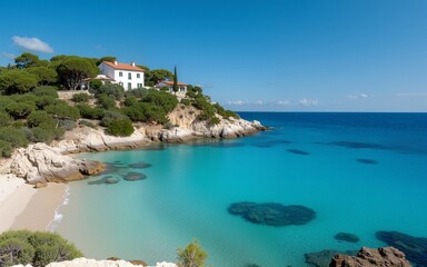 Mediterranean villa beachfront, azure water, secluded cove. High quality