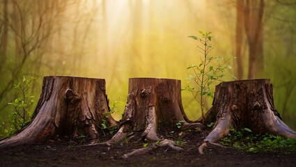 Fototapeta premium Three old tree stumps in a forest with warm sunlight shining through