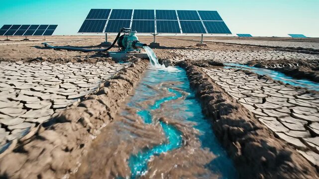 Solar irrigation systems powering pumps in dry farmlands, glowing streams of water flowing like veins of life