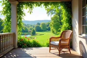 Obraz premium A rustic cane chair sits on a sun-drenched porch, overlooking a lush green summer landscape Perfect for relaxation and summer vibes Ideal for travel, home, and lifestyle imagery , daytime, sunshine