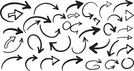 Set of hand drawn circular and curved arrows with sketchy black ink lines, doodle style vector illustration on white background.