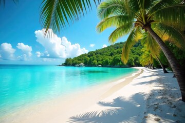 Fototapeta premium A serene bay, calm turquoise water laps gently against a pristine white sand beach, lush tropical foliage frames the scene, perfect for a relaxing getaway Escape to paradise , sea, nature, holiday