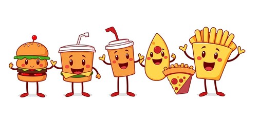 Smiling burger, coffee cup, hot dog, pizza slice & fries characters in a fun, vector style for shops & gifts,  card,  playful