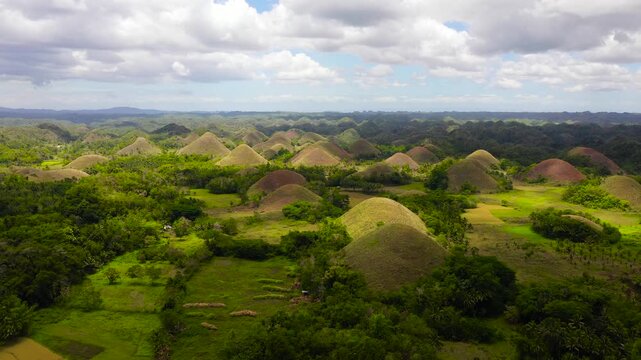 Famous Chocolate Hills natural landmark, Bohol island, Philippines. Hills among farmlands.
