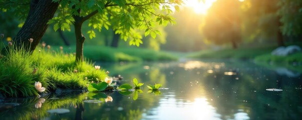 A serene outdoor scene featuring a tranquil pond reflecting a clear sky, sunlight dappling through leaves, and peaceful, natural elements suggesting renewal and meditation , self-care, sky, plants