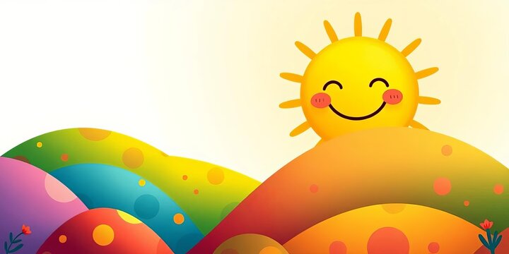 Happy, whimsical illustration of a smiling sun peeking over playful, colorful hills with a sense of cheerful welcome,  sunshine,  joy - Powered by Adobe