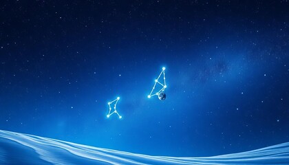 Naklejka premium Abstract cosmic illustration featuring a shimmering constellation against a deep blue, star-filled winter night sky, symbolizing January birth signs, guidance, dark