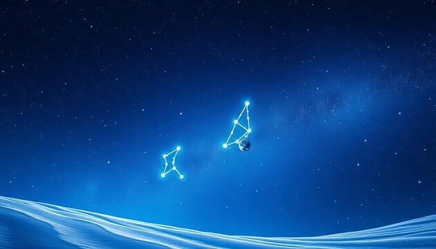 Abstract cosmic illustration featuring a shimmering constellation against a deep blue, star-filled winter night sky, symbolizing January birth signs,  guidance,  dark