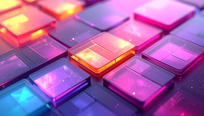Abstract Glowing Digital UI Tiles in Neon Colors