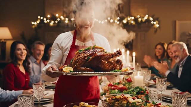 Festive Thanksgiving Dinner Celebration with Roasted Turkey and Family.