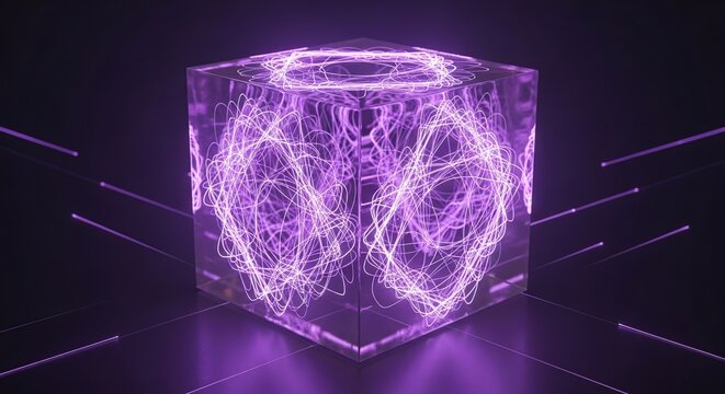 Luminous Purple Cube Encapsulating a Chaotic Swirl of Glowing Energy Trails