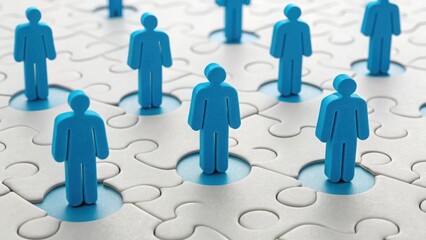 Macro Shot of Jigsaw Puzzle Pieces with Blue Human Figures Inside Holes