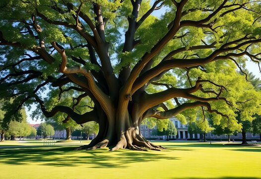 Ancient oak on a sunny campus lawn, representing wisdom and knowledge,  education,  history