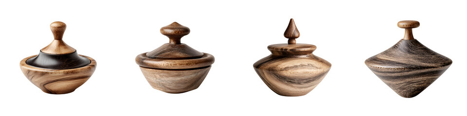 Handmade Wooden Spinning Top Toy Collection on White