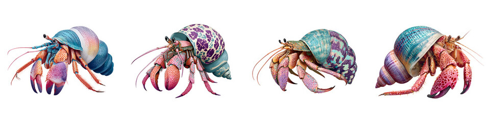 Collection of colorful hermit crabs in their shells, digital illustration on white background.