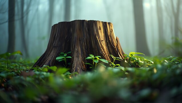 Tree stump in the forest surrounded by lush green foliage nature