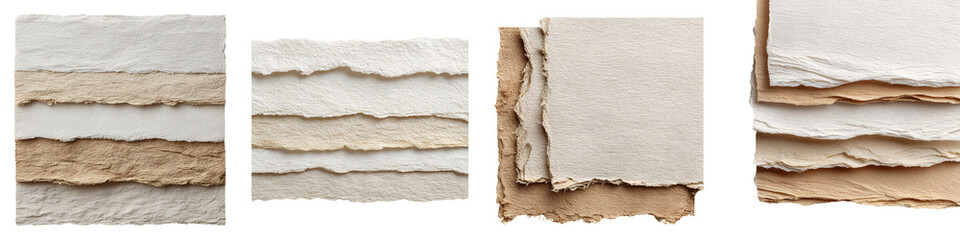 Handmade Paper Textures: Stacked Layers of Beige and Brown Paper on White