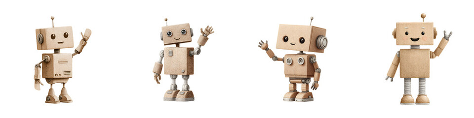 Group of Four Friendly Cardboard Robots on White Background