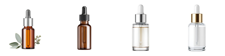 Essential Oil Bottles Set: Clear, Amber Glass Droppers on White