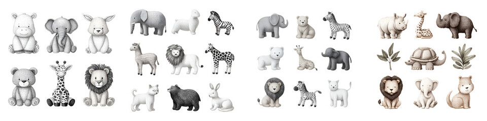 Watercolor Animal Set: Cute Baby Animals in Grey on White