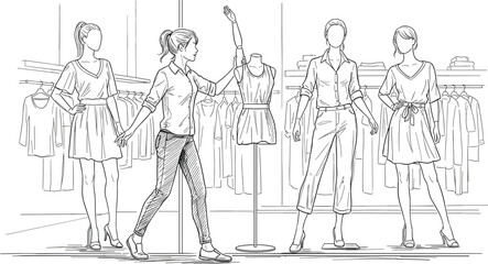 Fashion boutique interior, stylish mannequins, retail display, clothing store design, woman arranging outfits, trendy apparel, shopping concept, elegance