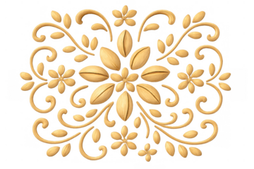 Wooden carved ornamental trim with scrolling floral motif and symmetrical design, featuring a repeating organic pattern