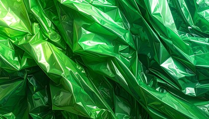 Vibrant Green Crumpled Foil Texture Background with Shiny Reflective Surface and Abstract Folds
