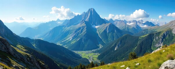 Majestic Mountain Panorama Rugged Peaks, Lush Valleys, Vibrant Blue Sky - Perfect for Adventure Travel & Nature Projects