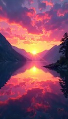 Serene Sunrise over Calm Lake Vibrant Pink, Orange, and Gold Hues Reflecting on Tranquil Waters, Evoking Peace and Wonder