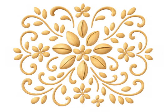 Wooden carved ornamental trim with scrolling floral motif and symmetrical design, featuring a repeating organic pattern