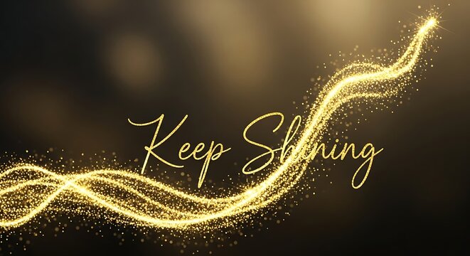 Keep shining text with golden glitter particles flowing on dark background, a magical and inspiring message for motivation and positivity