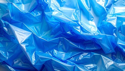 Wrinkled blue plastic texture background, abstract crumpled polyethylene surface, vibrant color, shiny material, creative backdrop, packaging concept