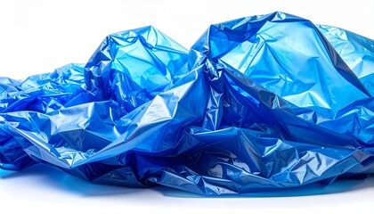 Fototapeta premium Crumpled blue plastic sheet texture on white background, abstract shiny wrinkled plastic surface, pollution concept, recycling