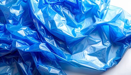 Crumpled Blue Plastic Bag Texture Background, Shiny Wrinkled Plastic Film, Abstract Blue Polyethylene Surface
