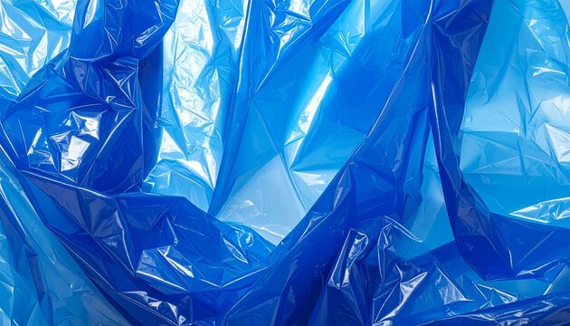 Abstract background of crumpled blue plastic film texture, shiny and wrinkled surface, gradient shades of blue