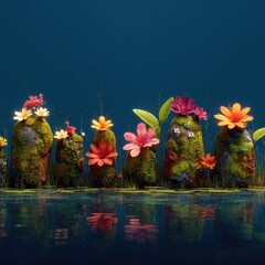 Colorful flowers on mossy rocks by water (1)