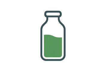 Glass bottle with green liquid, simple icon representing drink, beverage, or potion, transparent background illustration