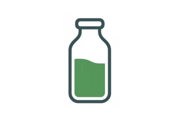 Glass bottle with green liquid, simple icon representing drink, beverage, or potion, transparent background illustration